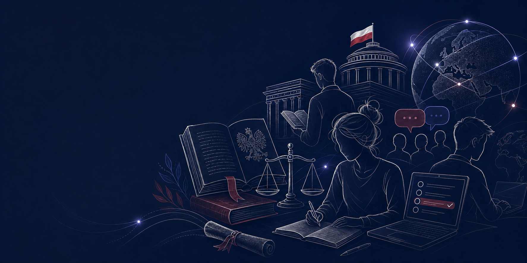 Ilustracja edukacyjna WOS: prawo, społeczeństwo, stosunki międzynarodowe i quizy
